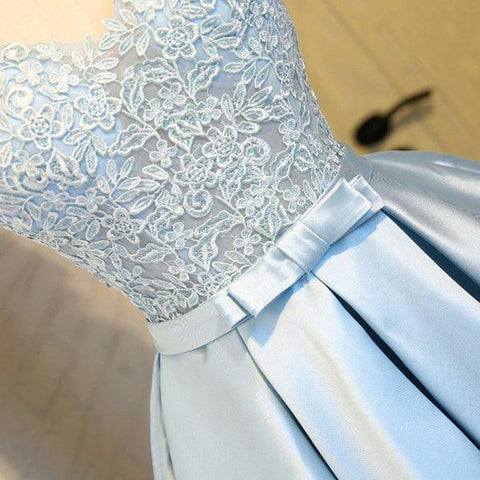 Light Blue Satin V Neck Homecoming Dresses, Party Dress with Appliques