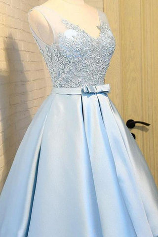 Light Blue Satin V Neck Homecoming Dresses, Party Dress with Appliques