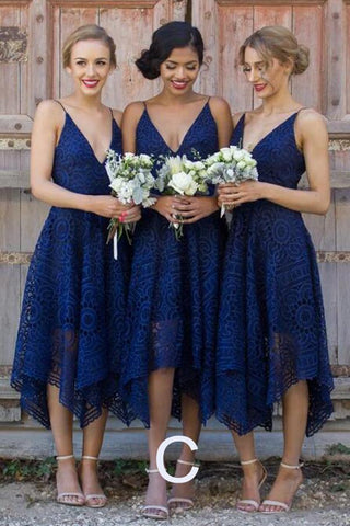 Royal Blue Lace V Neck Spaghetti Straps Bridesmaid Dress, Cheap Homecoming Dress