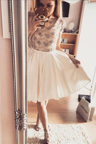 Vestidos cortos de fiesta de bienvenida, lindos, elegantes, de corte en A, con mangas cortas y espalda descubierta