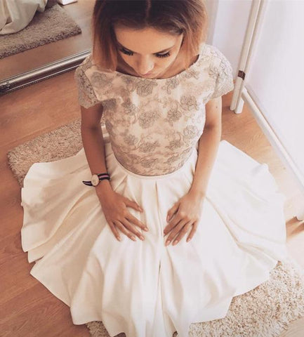 Vestidos cortos de fiesta de bienvenida, lindos, elegantes, de corte en A, con mangas cortas y espalda descubierta