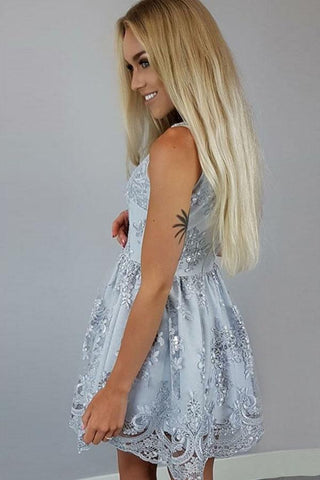 Satin Lace Knee Length A Line V-neck Party Dress, Homecoming Dresses