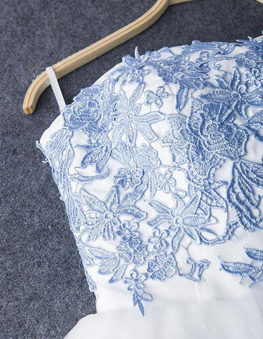 Vestido corto de fiesta sin tirantes, corte en A, de tul azul, vestido económico para baile de bienvenida