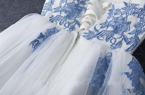 Vestido corto de fiesta sin tirantes, corte en A, de tul azul, vestido económico para baile de bienvenida