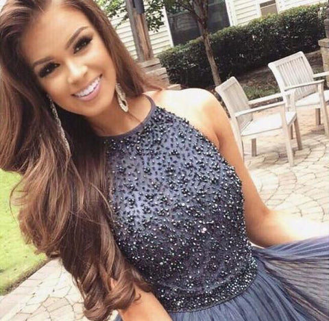 Vestido corto de fiesta de bienvenida, corte en A, tul con cuentas, cuello halter gris, corte en A, vestido corto de graduación