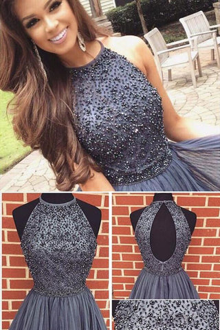 Vestido corto de fiesta de bienvenida, corte en A, tul con cuentas, cuello halter gris, corte en A, vestido corto de graduación