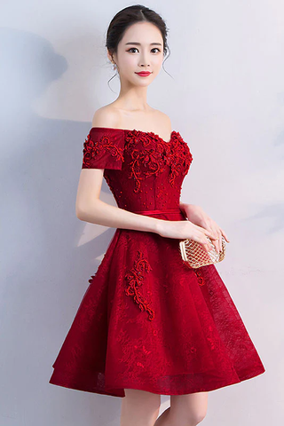 Vestido corto de fiesta de bienvenida de tul burdeos y encaje Y256