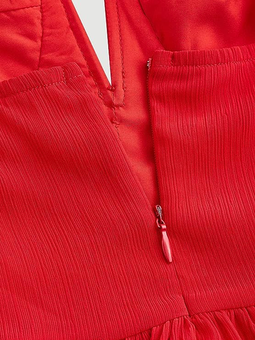 Vestido rojo de fiesta de bienvenida con corte en A, hombros con lazo y bajo con volantes Y2720