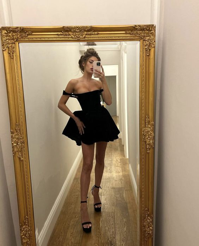 Robe de soirée noire trapèze mignonne, robe de cocktail noire Y2363