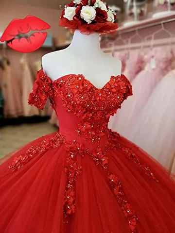 Vestido de baile rojo de corte A, tul y encaje, ideal para fiestas de quinceañera (modelo Y1221)