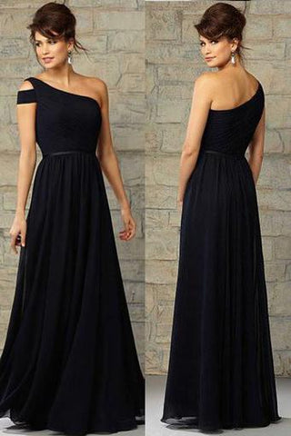 Chiffon Navy Blue One Shoulder Formal Floor-Length Bridesmaid Dresses