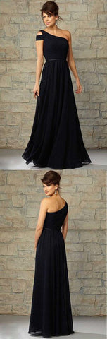 Chiffon Navy Blue One Shoulder Formal Floor-Length Bridesmaid Dresses