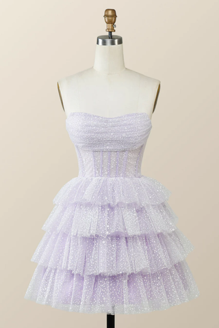 Vestido corto de fiesta de bienvenida color lavanda sin tirantes con cuello drapeado Y2780