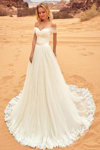 A-line Off Shoulder Tulle Wedding Dresses with Sweep Brush Train