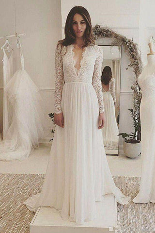 Charming Affordable Chiffon Long Sleeve V Neck Formal Long Wedding Dresses