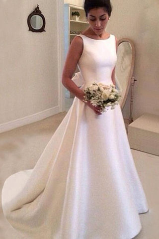 Satin Boat Neck Sleeveless Deep V Back Wedding Dresses With Sweep Train