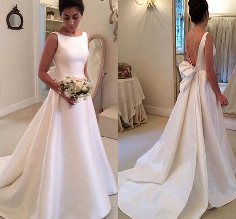 Satin Boat Neck Sleeveless Deep V Back Wedding Dresses With Sweep Train