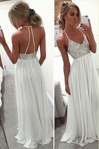 White Halter Floor Length Beach Wedding Dresses, Beaded Cheap Prom Dress