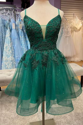 Vestido de fiesta verde cazador con escote en V pronunciado, tirantes, apliques y tul Y2074