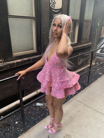 Vestido corto y sexy blanco/rosa/negro para fiesta de bienvenida con lentejuelas para mujer Y1613