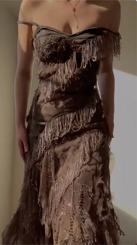 Vestido de noche vintage de gasa con lentejuelas y hombros descubiertos, estilo formal, modelo Y8300