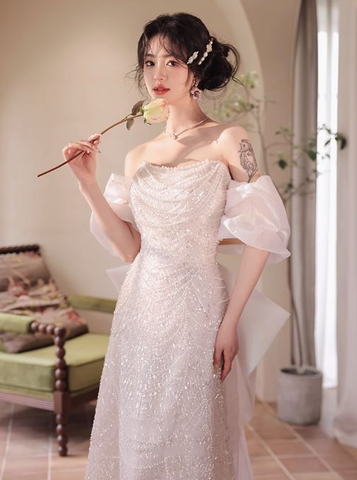 Vestido largo de fiesta rosa de corte A con hombros descubiertos, tul, lentejuelas y cuentas, modelo Y8050