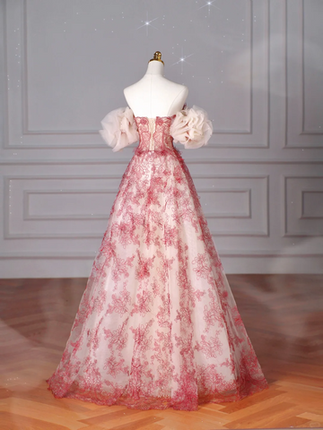 Robe de bal rouge en tulle ornée de perles, coupe trapèze, épaules dénudées, modèle Y8621