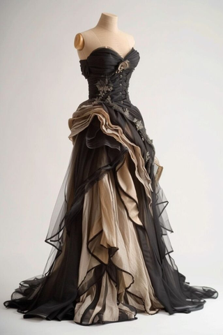 Vestido de noche plisado vintage con apliques de encaje de tul negro Y8354