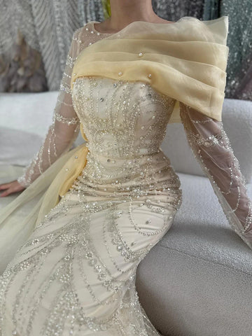 2025 Pink Mermaid Luxury Beaded Pearls Evening Dress with Overskirt Gown for Formal Occasion LA72348A