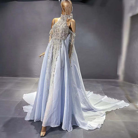 Blue Luxury Halter Cape Evening Dresses Gowns 2025 Beaded A-Line High-end For Women Party LA71522