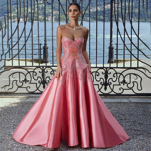 Dubai Arabia Peach A Line Satin Strapless Luxury Beaded Evening Dresses Gowns For Women Wedding Party 2025 LA72195
