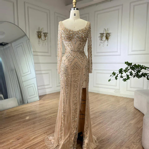 2025 Women Wedding Parties Dubai Arabia Luxury Beaded Evening Dresses Gowns Green Elegant Split Mermaid LA72518