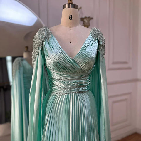 Rose Gold Beaded Satin A-Line Evening Dress Gown with Cape Sleeves LA72663