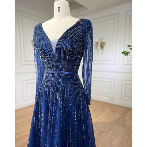 Muslim Navy Long Sleeves A-line Beaded Evening Dresses Forml Occasion Party Gowns For Women LA72019