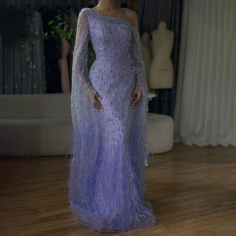 Luxury Feather One Shoulder Evening Dress with Cape Sleeves LA72763