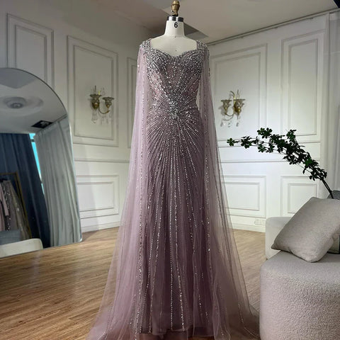2025 Nude Cape Sleeves Beaded Saudi Arabic Evening Dresses Gowns for Formal Occasion LA72575A