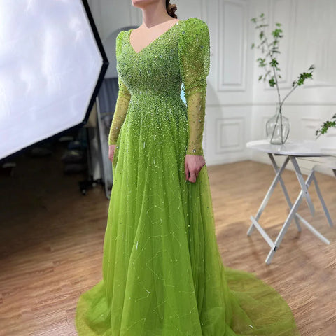 Green Mermaid Elegant Beaded Evening Dress Gown with Skirt Sleeves LA71762
