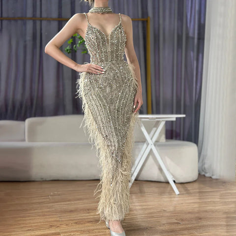 White Nude Mermaid Spaghetti Strap Beaded Feather Evening Dress Gown LA72047