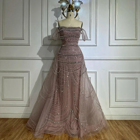 2025 Arabic Pink Mermaid Beaded Evening Gown with Detachable Satin Overskirt for Formal Occasion LA72781