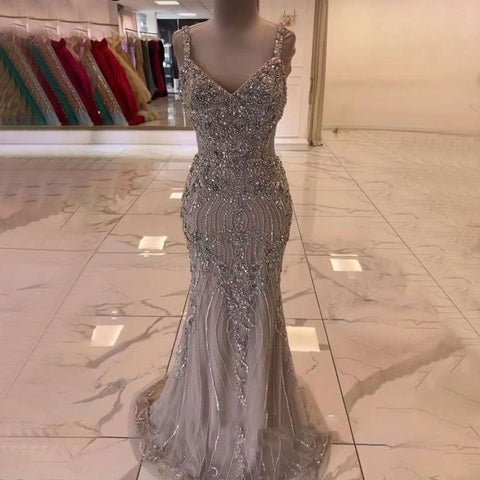 Green Mermaid Luxury Evening Dresses Gowns 2025 Beaded Elegant Spaghetti Strap For Woman Party LA71652