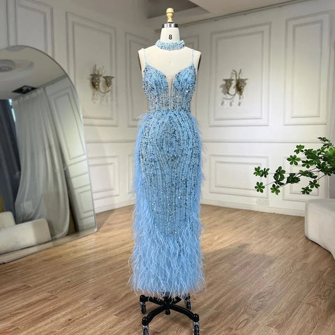 White Nude Mermaid Spaghetti Strap Beaded Feather Evening Dress Gown LA72047