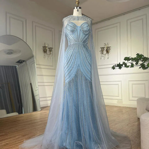 Arabic Blue Spaghetti Straps Beaded Evening Gown with Detachable Cape Dress for Formal Occasion 2025 LA72784