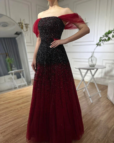 Gradual Change Wine Red Evening Dresses Gowns 2025 Beaded Bling A-Line Luxury For Women Party LA71329