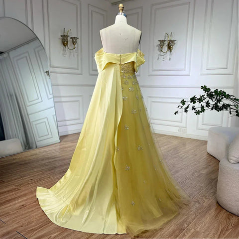Vestido de noche largo de lujo árabe de Dubái, elegante, amarillo, con escote barco y cuentas, para mujer, para fiesta de boda, LA72531 