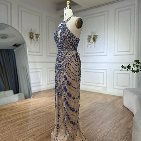 2025 Elegant Blue Saudi Arabic Halter Neck Evening Gown Crystal Beaded Dress for Formal Occasion LA72760