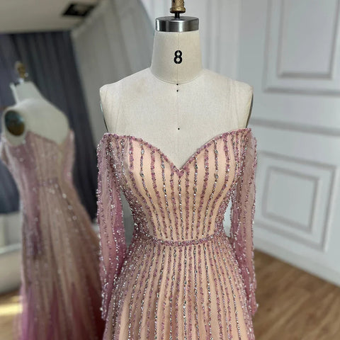 2025 Arabic Purple Elegant A-Line Beaded Long Evening Dresses Gowns for Formal Occasion LA72752