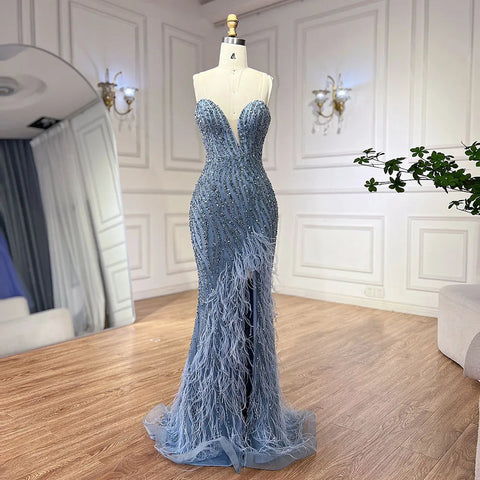 2025 Arabic Strapless Blue Beaded Feathers Luxury Dubai Evening Gowns with Side Skirt for Women Wedding party LA72695