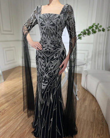 2025 Arabic Nued Cape Sleeves Mermaid Saudi Evening Dresses Beaded Luxury Party Gowns for Formal Occasion LA72261B