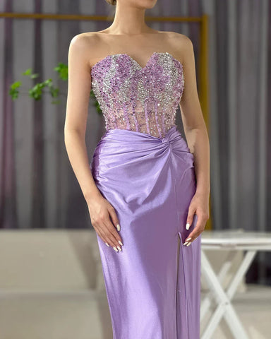 Robe de soirée de luxe style sirène lilas, fendue, sans bretelles, avec perles, style arabe, pour femmes, fête de mariage, 2025, LA72329