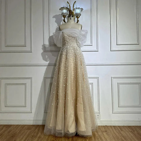 2025 Arabic Blue Off The Shoulder Beaded Elegant A-Line Long Evening Dresses Gowns for Formal Occasion LA72009A